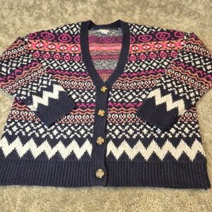 Cupcakes and Cashmere Womens Fair Isle Button Front Cardigan Sweater Navy Pink M